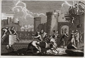 Bible of Royaumont, Gamla testamentet: Jerusalem rabatt. Kung Artaxerxes I skickade Nehemia till Jerusalem med tillstånd att göra uppror mot alla dess murar. Illustration från 1811. av Unknown artist