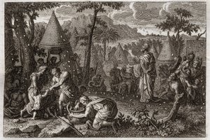 Bibeln från Royaumont, Gamla testamentet: Judar i öknen (eller mannaupproret). Gud låter manna falla från himlen i fyrtio år. Illustration från 1811. av Unknown artist