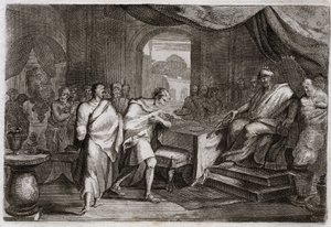 Bibeln från Royaumont, Gamla testamentet: Joachim skjuter järn. Evilmerodach (Evil Merodac, Evil Merodac), kung av Babylon, efter Nebukadnessar II:s död, behandlar Joakim (Joakim, Joachin, Jechoniah), en gång kung av Juda, och drar honom från järn för att  av Unknown artist