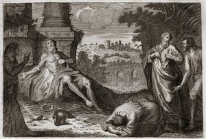 Bibeln från Royaumont, Gamla testamentet: Job på gödsel. Den helige mannen Job frestas av demonen som tar bort allt hans goda och alla hans barn, och slår honom med ett fruktansvärt sår och lämnar honom bara hans hustru att bära honom otåligt. Illustration av Unknown artist