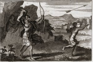 Bibeln från Royaumont, Gamla testamentet: Jonathan och David. Och när Jonatan såg sin fars bitterhet, varnade Saul honom att dra sig tillbaka. Illustration från 1811. av Unknown artist