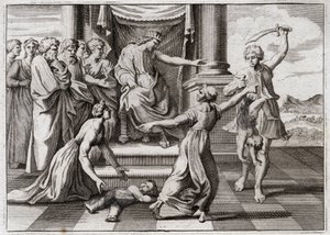 Bibeln från Royaumont, Gamla testamentet: Salomos dom. Salomos berömda dom mellan två kvinnor, för att erkänna vilken av de två som var mor till ett barn, som båda påstod sig vara hon. Illustration från 1811. av Unknown artist