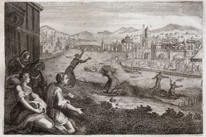 Bibeln från Royaumont, Gamla testamentet: Egyptens barnmorskor. Farao låter israeliternas manliga barn kastas i Nilen. Illustration från 1811. av Unknown artist
