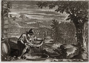 Bible of Royaumont, Gamla testamentet: Mirakel av fleece. Gedeon (Gideon) fick av Gud underverket med ull som bevis på att han hade valt det och att han skulle göra det till sitt folks befriare. Illustration från 1811. av Unknown artist