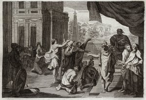 Bibeln från Royaumont, Gamla testamentet: Moses före farao. Mose ber Farao att låta hebréerna gå ut i öknen för att offra till Herren. Illustration från 1811. av Unknown artist