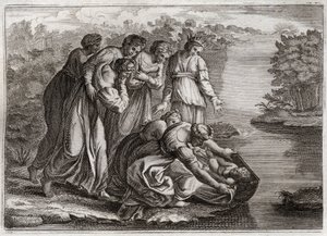 Bibeln från Royaumont, Gamla testamentet: Moses räddar vattnet. Faraos dotter drog bort Mose från Nilens vatten och adopterade honom till sin son. Illustration från 1811. av Unknown artist