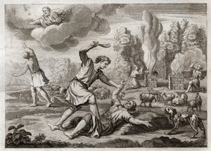 Bible of Royaumont, Gamla testamentet: Mordet på Abel. Kain bär sin bror av avund mot Abel, tar honom ut på landsbygden som om han skulle gå och dödar honom. Illustration från 1811. av Unknown artist