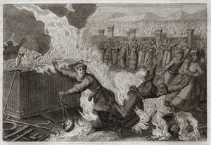 Bibeln från Royaumont, Gamla testamentet: Nadab och Abiu. Nadab (Nadav) och Abiu (Abihou), Arons söner, som tände främmande eld i sina rökelser för att offra rökelse åt Gud, brändes i själva tabernaklet. Illustration från 1811. av Unknown artist