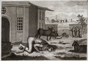 Bibeln från Royaumont, Gamla testamentet: Nebukadnessar ändras till bete. Kung Nebukadnessar II förvandlas genom ett rättvist straff för sin stolthet till bete. Illustration från 1811. av Unknown artist