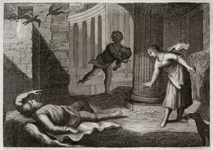 Bible of Royaumont, Gamla testamentet: Gamle Tobie förlorar synen. Den helige mannen Tobie förlorar synen och utsätts för denna ondska med extremt tålamod. Illustration från 1811. av Unknown artist