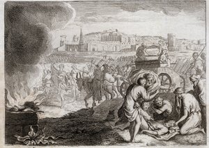 Bibeln från Royaumont, Gamla testamentet: Oza slår med Gud. David vill ta med sig förbundsarken hem. Oza dog, som lade sin hand där för att hindra honom från att falla. Illustration från 1811. av Unknown artist