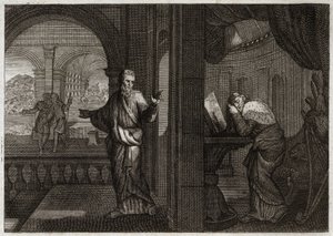 Bibeln från Royaumont, Gamla testamentet: Davids ånger. Gud skickar sin profet Nathan till David för att representera hans fel. Ångern över att denna helige kung lät sig ur det gör att han accepterar allt det onda som profeten förutspådde honom. Illustrati av Unknown artist