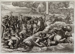Bibeln från Royaumont, Gamla testamentet: Farao sänker sig i Röda havet. Mose och hebréernas passage av Röda havet, dränkande faraos armé. Illustration från 1811. av Unknown artist