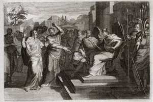 Bibeln från Royaumont, Gamla testamentet: Piete of Josaphat. Josafat, Judas fromaste kung, får alla furstar som finns runt omkring honom att darra och vittnar på olika sätt om sin fromhet mot Gud, vilket gjorde att han segrade över sina fiender. Illustr av Unknown artist
