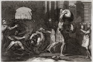 Bible of Royaumont, Gamla testamentet: Elisees förutsägelse. En Samarias Herre, som har vilseledt Elisees ord, trängs vid hans fötter. Illustration från 1811. av Unknown artist