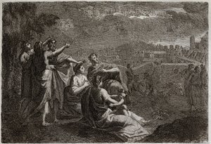 Bible of Royaumont, Gamla testamentet: Förutsägelser om Jerusalem. Gud har gett upp vapen i luften mot Jerusalem, för att föra över henne de ondska som skulle smälta över henne. Illustration från 1811. av Unknown artist