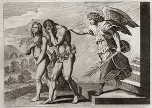 Bibeln från Royaumont, Gamla testamentet: Adams straff. Gud driver Adam och Eva ut ur paradiset efter att de fallit, och sätter en Cherubin vid dörren för att försvara deras ingång. Illustration från 1811. av Unknown artist