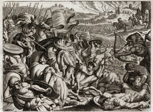 Bibeln från Royaumont, Gamla testamentet: Benjamiternas straff. Benjamins stam utrotas. Illustration från 1811. av Unknown artist