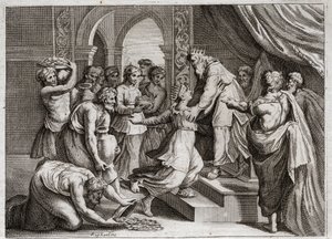 Bibeln från Royaumont, Gamla testamentet: Drottning av Saba. Drottningen av Saba kommer till Salomo för att lyssna på hans visdom och ge honom presenter. Illustration från 1811. av Unknown artist