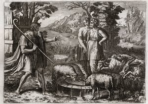 Bible of Royaumont, Gamla testamentet: Rachel och Lea. Jakob tjänar Laban, sin farbror, för att få sin dotter Rachel att gifta sig. Illustration från 1811. av Unknown artist