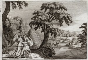 Bibeln från Royaumont, Gamla testamentet: Esaus försoning med Jakob. Jakobs visdom att mjuka upp Esau. Hans kamp med ängeln. Illustration från 1811. av Unknown artist
