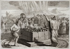 Bibeln från Royaumont, Gamla testamentet: Elias offer. Och efter att ha gjort den sanne Guden känd genom det eldsunder som kom ner från himlen efter hans offer, befallde han folket att döda de fyrahundrafemtio prästerna av Baals avgud. Illustrat av Unknown artist