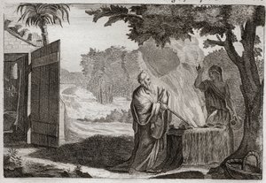 Bibeln från Royaumont, Gamla testamentet: Gedeons offer. Gedeon (Gideon) är kallad av Gud att ta bort judarna från deras fiender. Han frambär ett offer på en sten, från vilken han kommer ut en eld som förtär den. Illustration från 1811. av Unknown artist