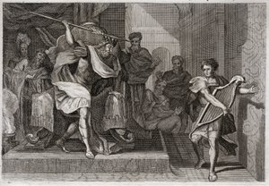 Bibeln från Royaumont, Gamla testamentet: Saul vill döda David. Saul full av vrede och avund mot David, vill sticka hål på hans spjut när han spelade på harpa framför honom. Illustration från 1811. av Unknown artist