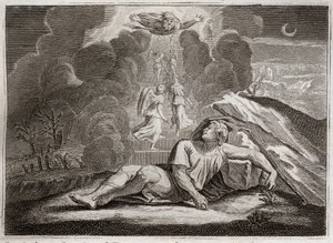 Bibeln från Royaumont, Gamla testamentet: Jakobs skala. Jakob flyr Esaus ilska och lever sova på en mystisk stege. Illustration från 1811. av Unknown artist