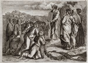 Bibeln från Royaumont, Gamla testamentet: lagens andra tabeller. Gud ger Mose andra bord (tio budord), som folket tar emot med respekt. Illustration från 1811. av Unknown artist