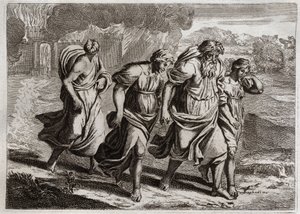 Bibeln från Royaumont, Gamla testamentet: Sodom brulee. Gud retar upp Sodoms avskyvärda brott, bränner upp det med de andra grannstäderna, med ett regn av eld och svavel som han bränner från himlen (Loth, hans döttrar och hans hustru flyr staden). Illustr av Unknown artist