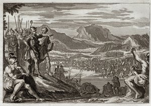 Bible of Royaumont, Gamla testamentet: Soldiers of Gedeon. Gud befaller Gedeon (Gideon) att leda alla sina trupper till Jordanfloden, och ger honom ett märke för att urskilja vilka han skulle använda för att slåss mot midjaniterna. Illustration från 1811. av Unknown artist