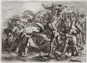 Bible of Royaumont, Gamla testamentet: Sun Stop. Joshua jagar sina amoritiska fiender (amorriter) gör att solen stannar, så att han kan få mer tid att göra ordning på dem. Illustration från 1811. av Unknown artist