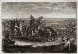Bible of Royaumont, Gamla testamentet: Arken återvände. Filistéerna skickar tillbaka förbundsarken till Judee för att undvika det onda det orsakade dem varje dag. Illustration från 1811. av Unknown artist