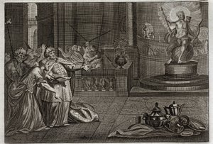 Bible of Royaumont, Gamla testamentet: Idolen från Bel. Daniel förstörde idolen i Bel och dödade en drake som babylonierna tillbad. Illustration från 1811. av Unknown artist