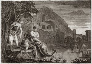 Bibeln från Royaumont, Gamla testamentet: Ängeln vägleder Tobie. Unga Tobie är livrädd av en fisk (mirakulöst) som ville äta honom. Angel Raphael kommer på Guds order för att vägleda honom på en resa han var tvungen att göra. Illustration från 1811. av Unknown artist