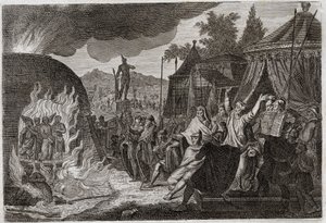 Bibeln från Royaumont, Gamla testamentet: Babylons tre barn i ugnen. Kung Nebukadnessar II kastar tre unga hebreiska män in i en brinnande ugn, varifrån de på ett mirakulöst sätt förlossas. De kallas Ananias, Azarias och Misael (eller Shadrac av Unknown artist