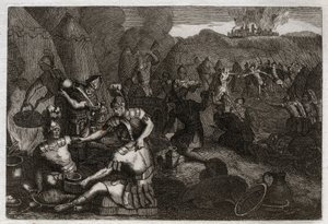 Bible of Royaumont, Gamla testamentet: Thieves of Siceleg. Vissa amalekiter kommer för att plundra Siceleg i Davids frånvaro. Han springer rasande och tappar dem. Illustration från 1811. av Unknown artist