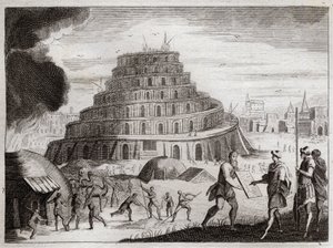Bibeln från Royaumont, Gamla testamentet: Babels torn. Män vill av fåfänga höja ett torn till himlen. Gud förhindrar detta arbete genom att förvirra deras tungor så att de inte längre kan höra varandra tala. Illustration från 1811. av Unknown artist