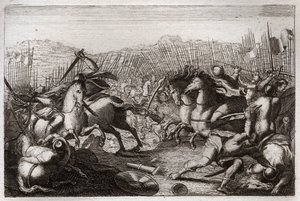 Bibeln från Royaumont, Gamla testamentet: Judas seger. Judas Maccabee (Maccabee, Maccabee) besegrade Apollonius, Seron, Ptolemaios Macron, Gorgias, Nicanor och Lysias i olika strider. Illustration från av Unknown artist