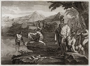 Bibeln från Royaumont, Gamla testamentet: Naamans krig. Naaman, general för den syriska kungens armé, kom för att hitta profeten Elise för att bli botad från hans spetälska. Illustration från 1811. av Unknown artist