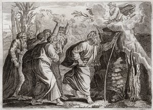 Bibeln från Royaumont, Gamla testamentet: Vatten från klippan. Mose tar fram vatten ur klippan och ger Israels folk att dricka. Illustration från 1811. av Unknown artist