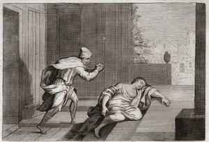 Bibeln från Royaumont, Gamla testamentet: Kvinna från den upprörda leviten. Levitens fru hittades död vid dörren efter att ha blivit misshandlad av ligister. Illustration från 1811. av Unknown artist