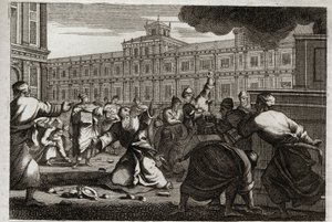 Bibeln av Royaumont, Gamla testamentet:, Sakaria stenad. Sakarja, översteprästen, stenas på befallning av Joas (Joas) kung av Juda, eftersom han tog honom från hans order. Illustration från 1811. av Unknown artist