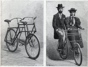 Cykeln har två säten från tillverkaren "" Punnett Cycle"" utan och med cyklister. Gravyr i "" La Nature"" av Unknown artist