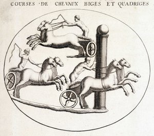 Biges och quadriges hästkapplöpningar. 1800-talsgravyr. av Unknown artist