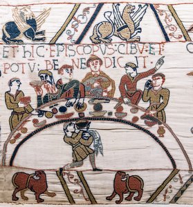 Biskop Odo välsignar maten och vinet, Bayeux Tapestry (ullbroderi på linne) av Unknown artist