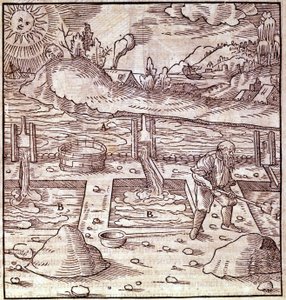 Bitumenåtervinning. Georg Bauer "" Agricola De Re metallica"" bok från 1400-talet. Bibl. från Vetenskapsmuseet, Milano. av Unknown artist