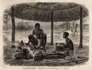 Smedmanganjas (etnisk grupp i Zambeze-regionen). Gravyr för att illustrera Dr. Livingstones första resor till södra Afrika från 1840 till 1856, i "Le tour du monde, nouveau journal des voyages"" publicerad under ledning av Edouard Charton av Unknown artist