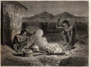 Smeder i Simiango, vid stranden av floden Zambese. Gravyr för att illustrera Dr. Livingstones första resor till södra Afrika från 1840 till 1856, i "Le tour du monde, nouveau journal des voyages"" publicerad under ledning av Edouard Charton av Unknown artist